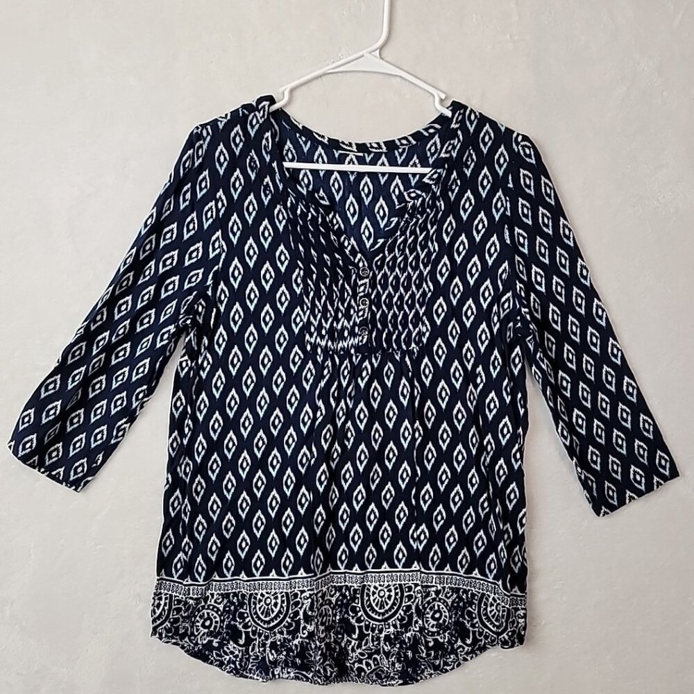 Faded Glory Rayon Tunic 3/4 Sleeve Size 8-10 Youth Blue White Diamond Pattern